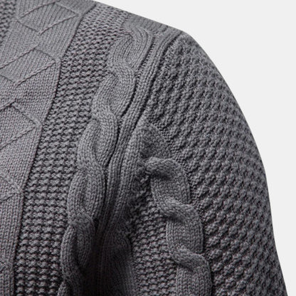 Men's cable knit zip-up sweater with stand collar and long sleeves