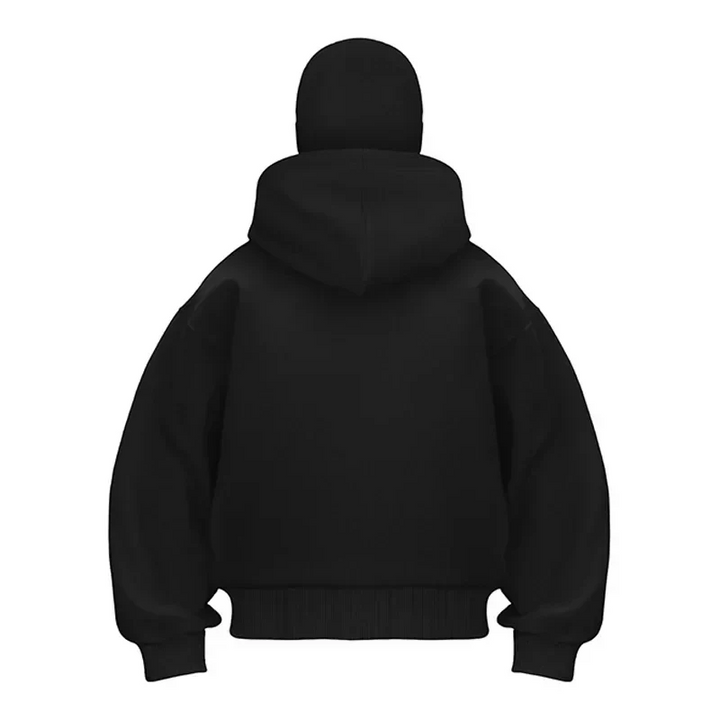 Unisex hooded zip hoodie with integrated face cover and kangaroo pocket
