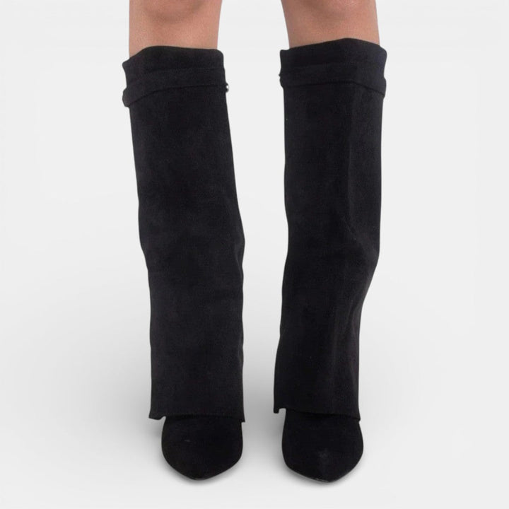 Women's knee-high pointed toe boots with block heels
