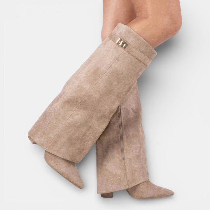 Women's knee-high pointed toe boots with block heels
