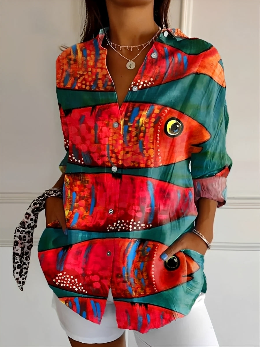 Women's patterned button-up shirt with collar and long sleeves