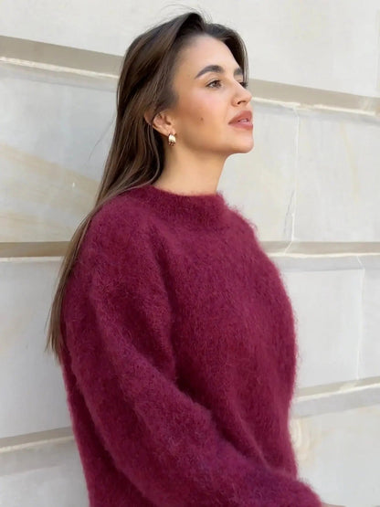 Women's oversized fuzzy knit sweater with crew neck and long sleeves