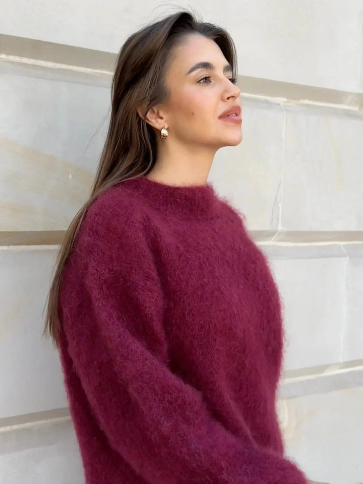 Women's oversized fuzzy knit sweater with crew neck and long sleeves