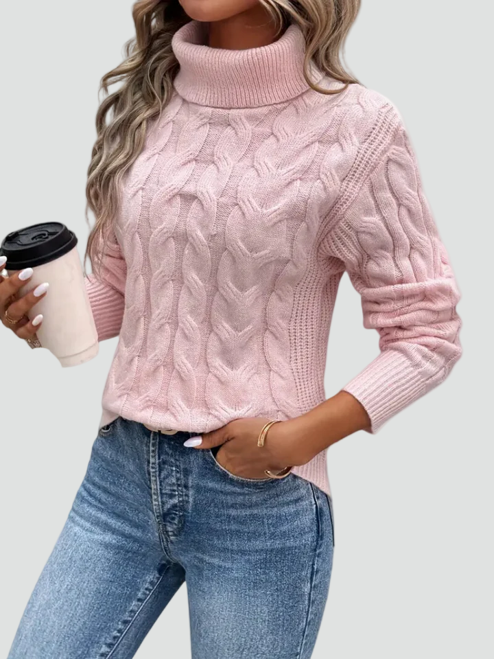 Women's cable knit turtleneck sweater with long sleeves