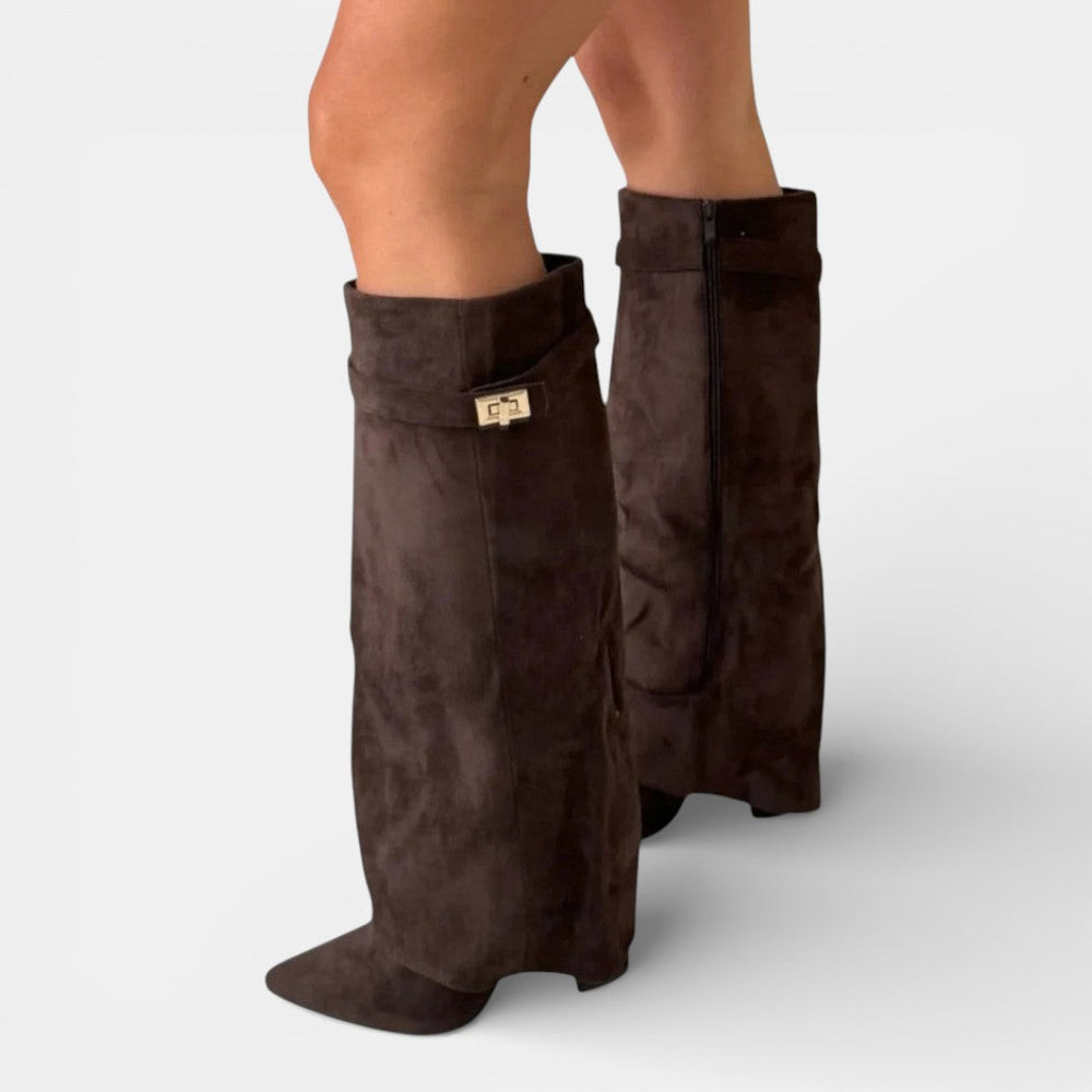 Women's knee-high pointed toe boots with block heels