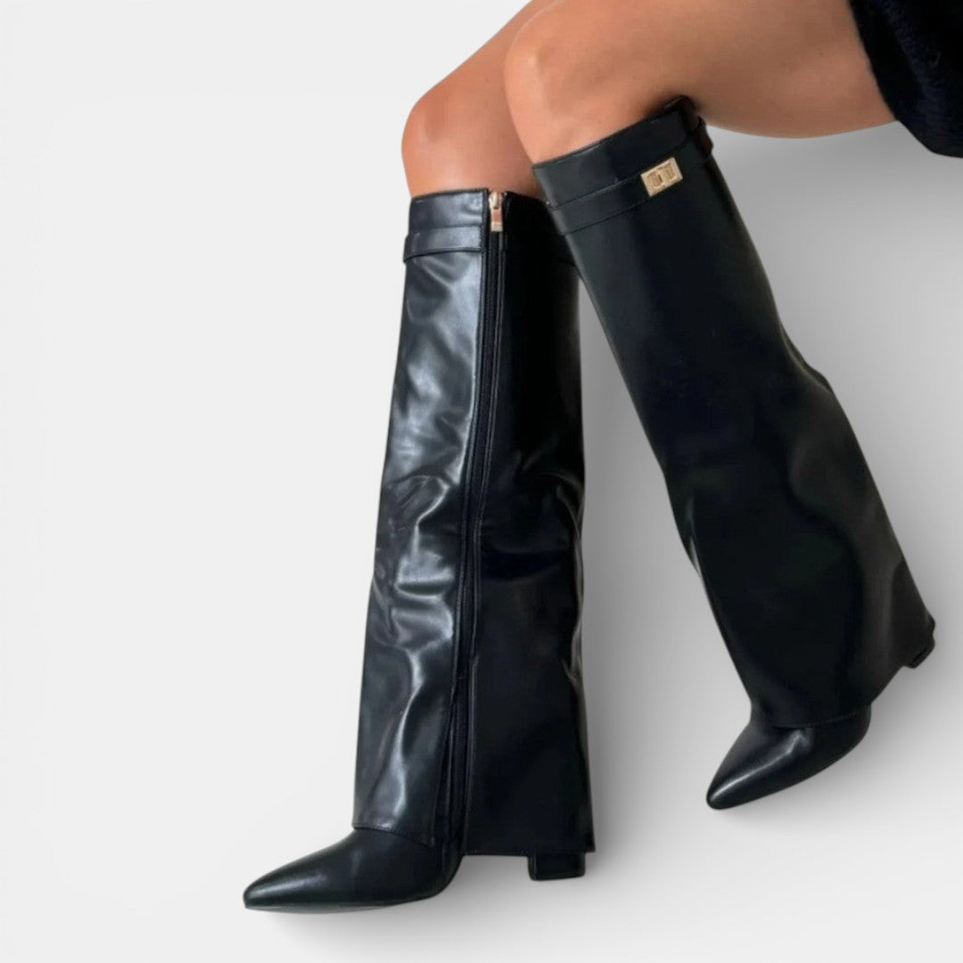 Women's knee-high pointed toe boots with block heels