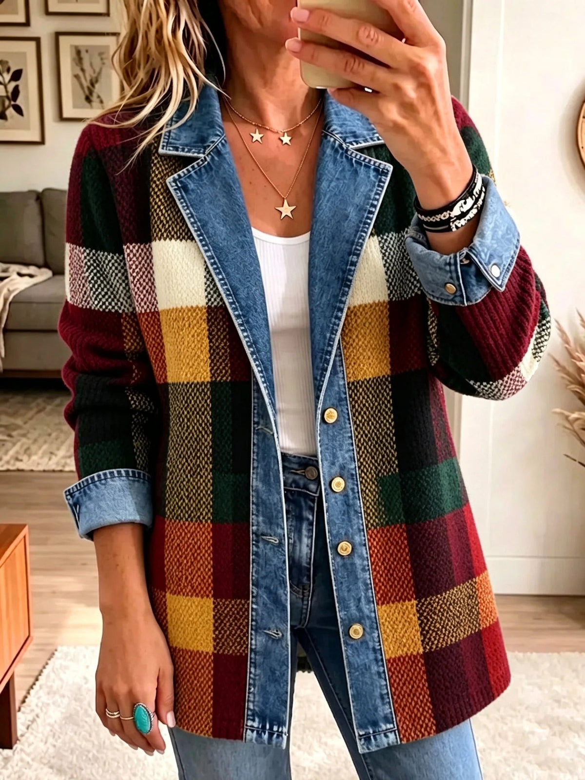 Women's multicolor checked jacket with blue denim-look trim and button front