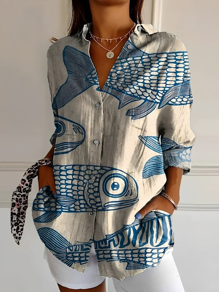 Women's patterned button-up shirt with collar and long sleeves
