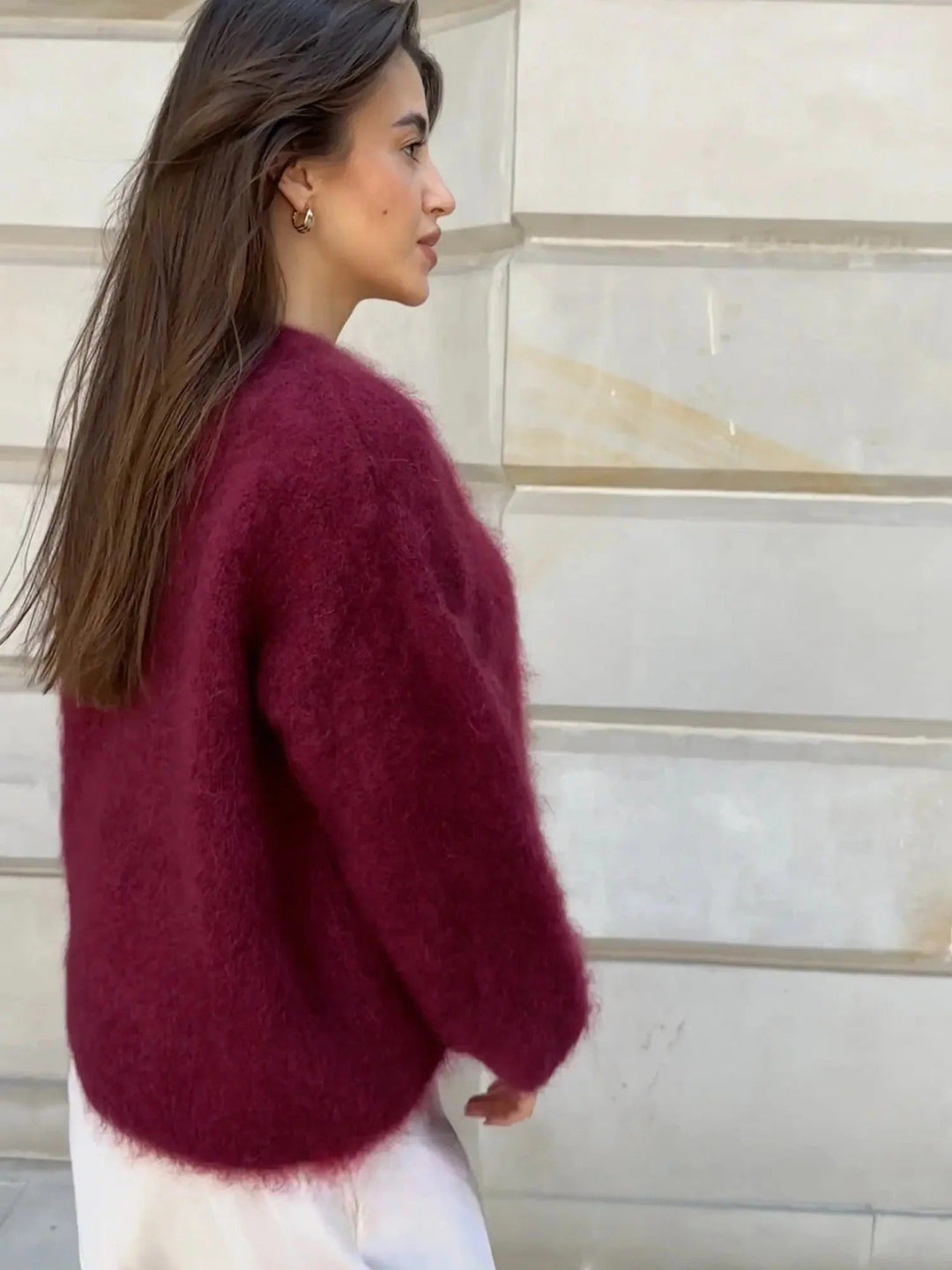 Women's oversized fuzzy knit sweater with crew neck and long sleeves