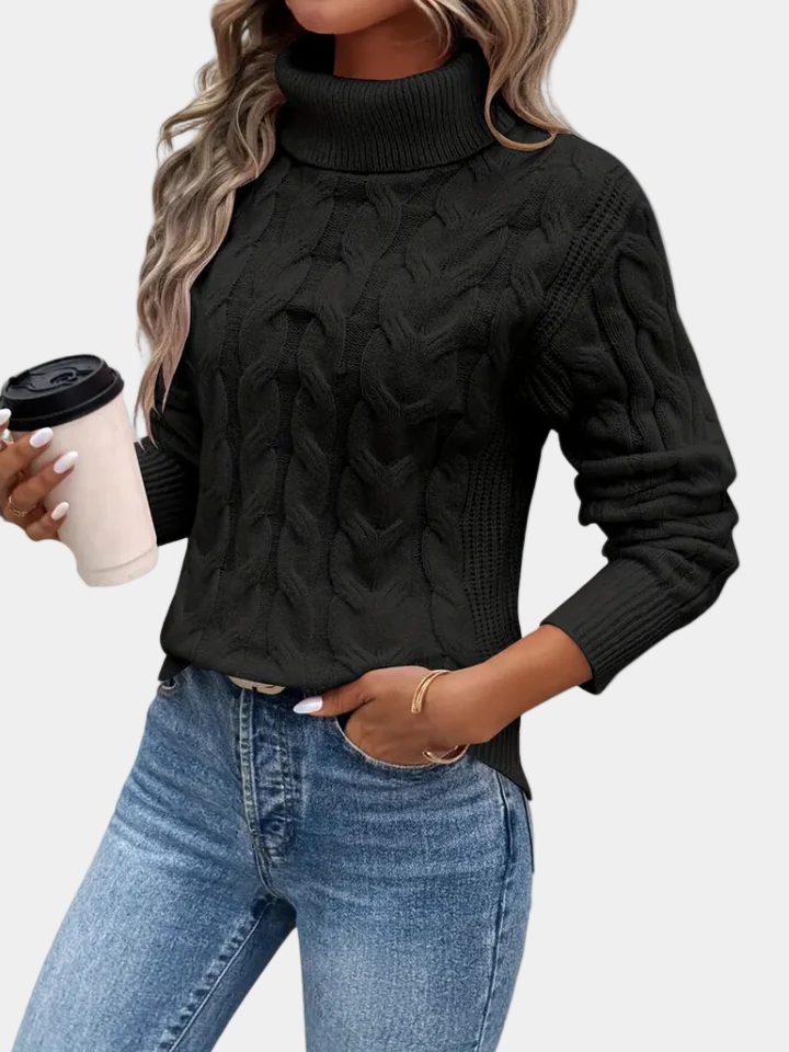 Women's cable knit turtleneck sweater with long sleeves