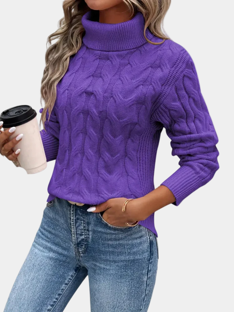 Women's cable knit turtleneck sweater with long sleeves