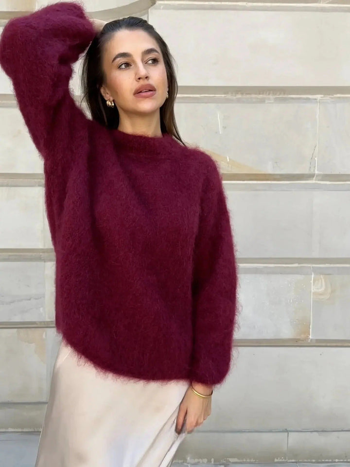 Women's oversized fuzzy knit sweater with crew neck and long sleeves