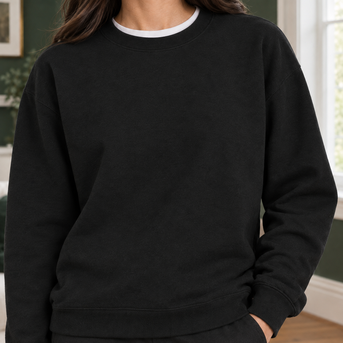 Women's relaxed plain crew neck sweatshirt with long sleeves and ribbed trims