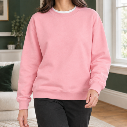 Women's relaxed plain crew neck sweatshirt with long sleeves and ribbed trims