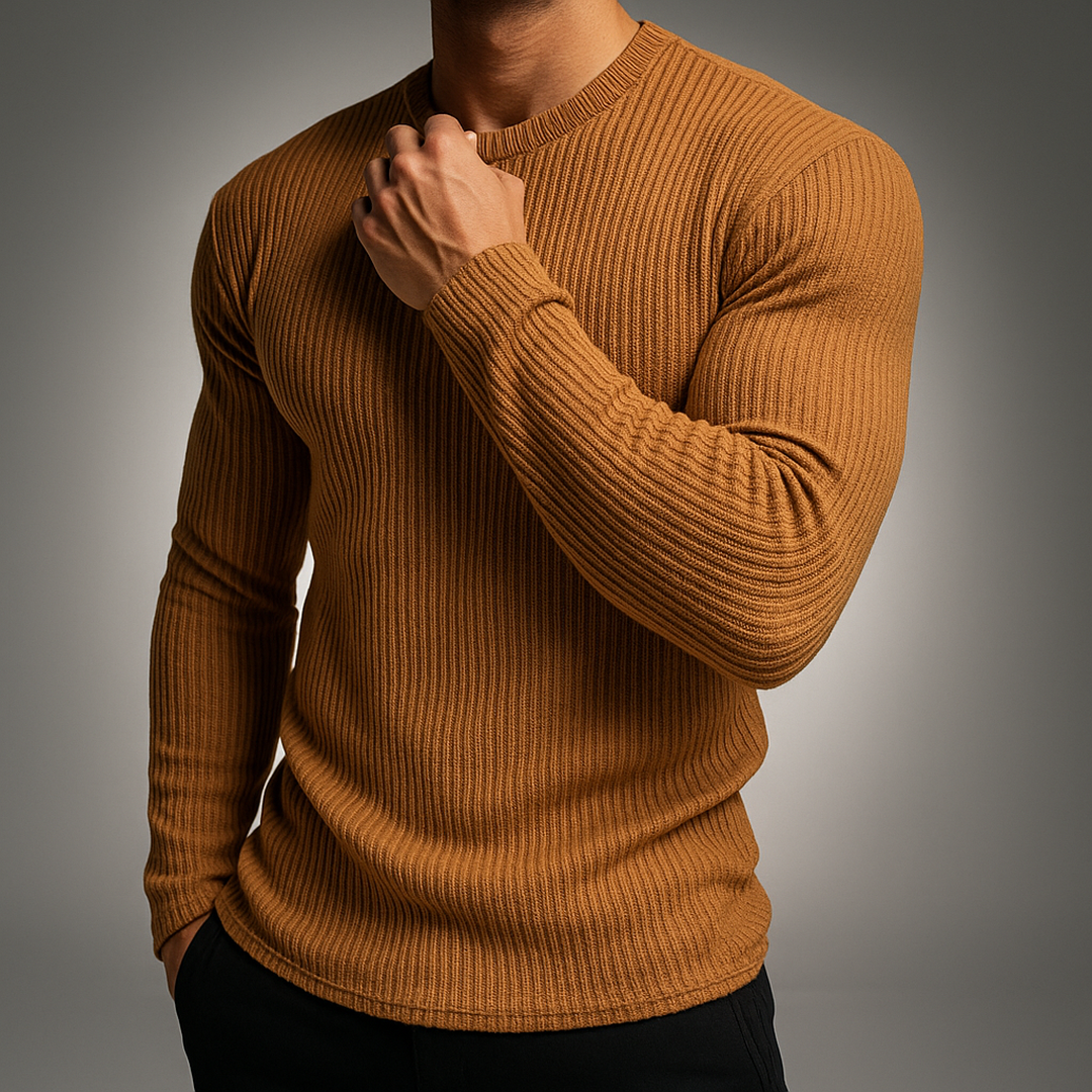 Men's long-sleeve ribbed knit sweater with crew neckline