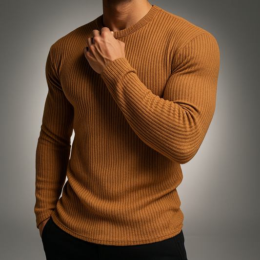 Men's long-sleeve ribbed knit sweater with crew neckline