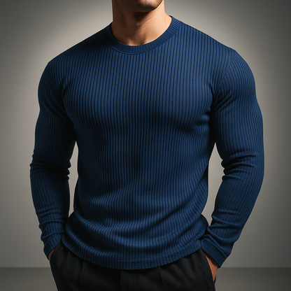Men's long-sleeve ribbed knit sweater with crew neckline