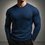 Men's long-sleeve ribbed knit sweater with crew neckline