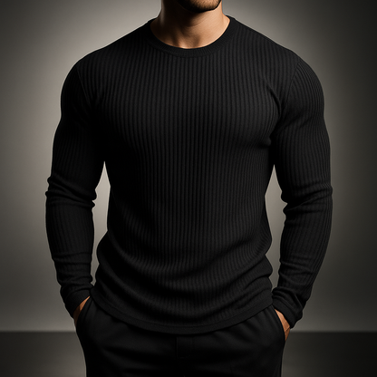 Men's long-sleeve ribbed knit sweater with crew neckline