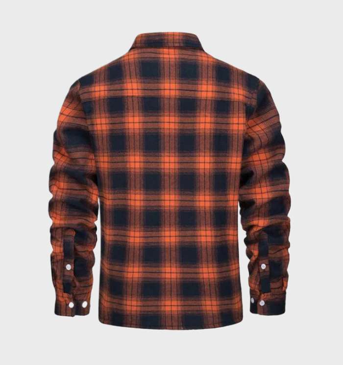 Men's checked plaid shirt jacket with button front, chest pockets and contrasting lining