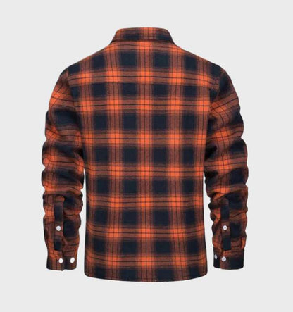 Men's checked plaid shirt jacket with button front, chest pockets and contrasting lining