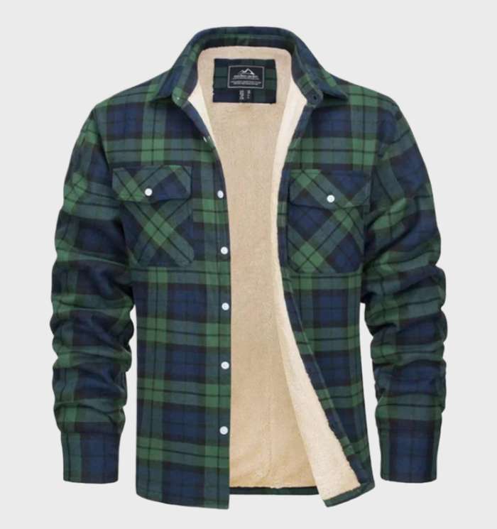 Men's checked plaid shirt jacket with button front, chest pockets and contrasting lining