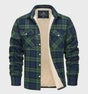 Men's checked plaid shirt jacket with button front, chest pockets and contrasting lining