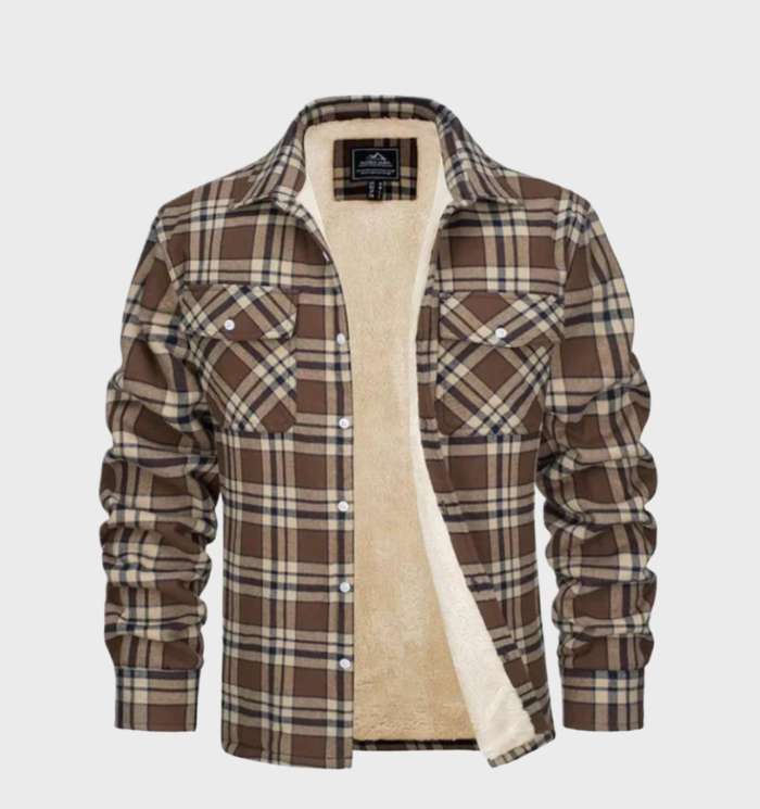 Men's checked plaid shirt jacket with button front, chest pockets and contrasting lining