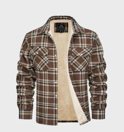 Men's checked plaid shirt jacket with button front, chest pockets and contrasting lining