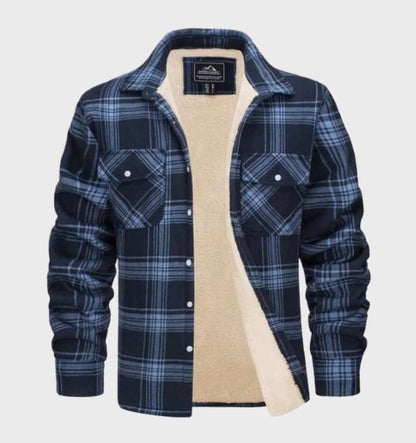 Men's checked plaid shirt jacket with button front, chest pockets and contrasting lining