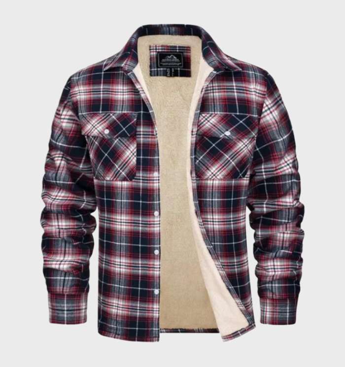 Men's checked plaid shirt jacket with button front, chest pockets and contrasting lining