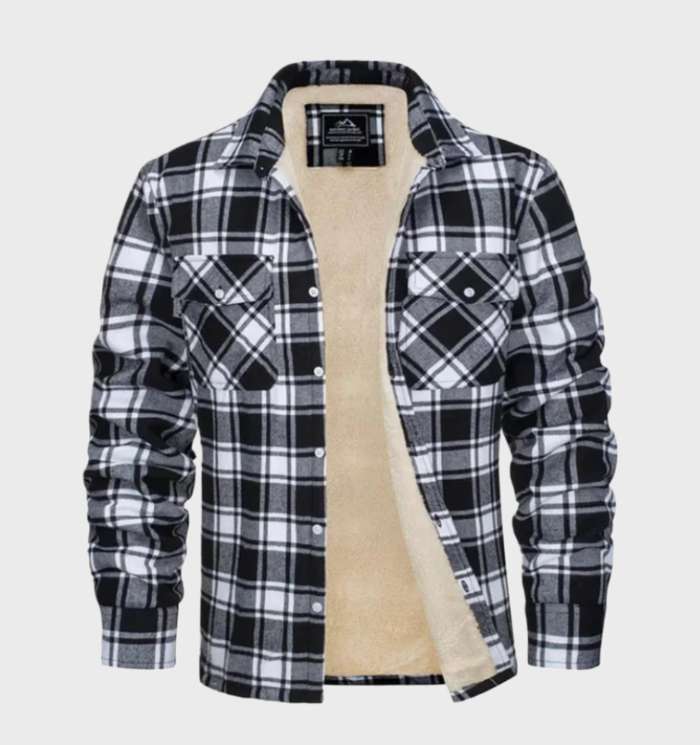 Men's checked plaid shirt jacket with button front, chest pockets and contrasting lining
