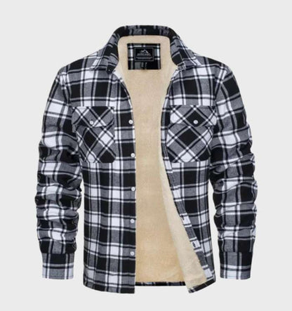 Men's checked plaid shirt jacket with button front, chest pockets and contrasting lining