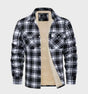 Men's checked plaid shirt jacket with button front, chest pockets and contrasting lining
