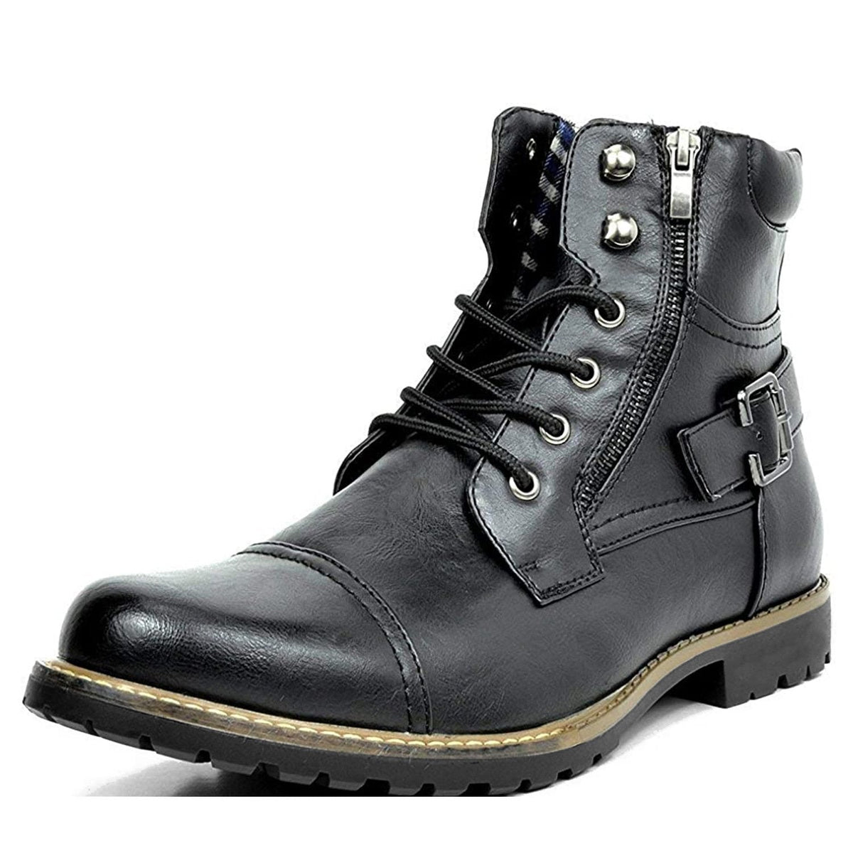Men's biker ankle boot with laces, side zip and buckle strap