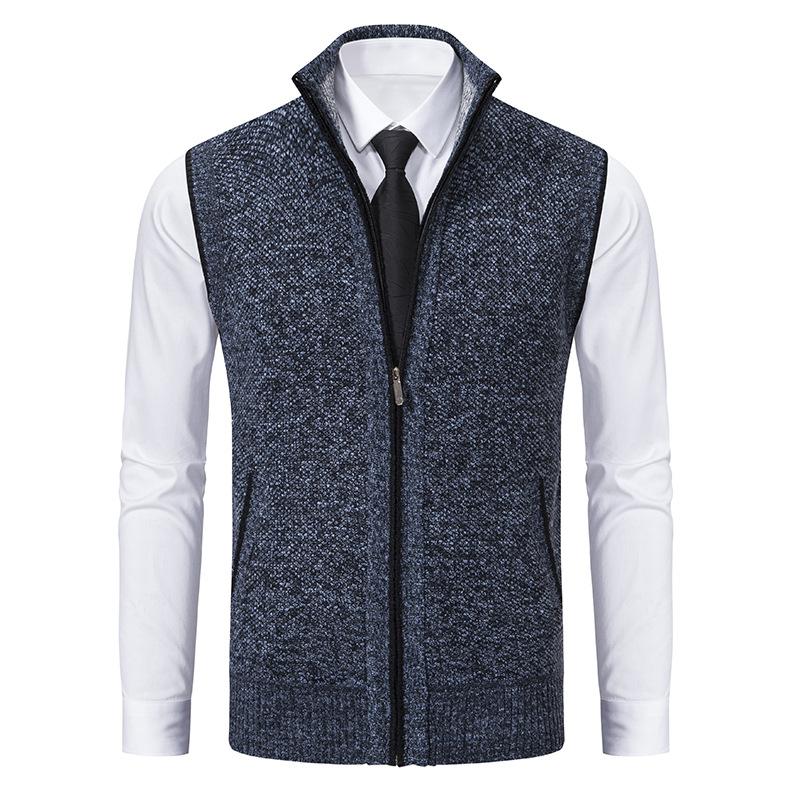Men's textured sleeveless vest with mock neck, zip front and angled pockets