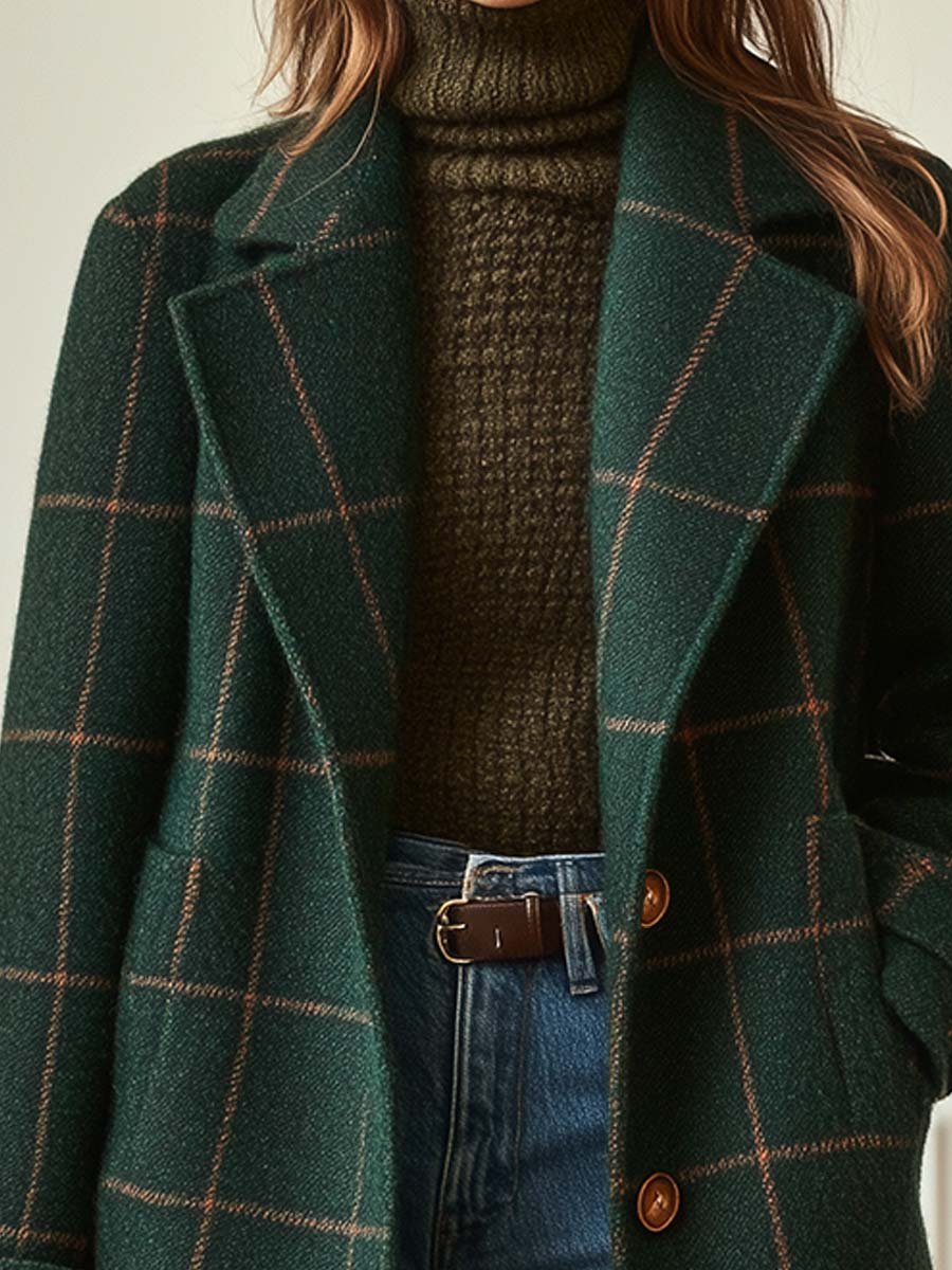 Women's dark green plaid long coat with notched lapels