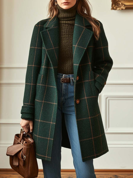 Women's dark green plaid long coat with notched lapels