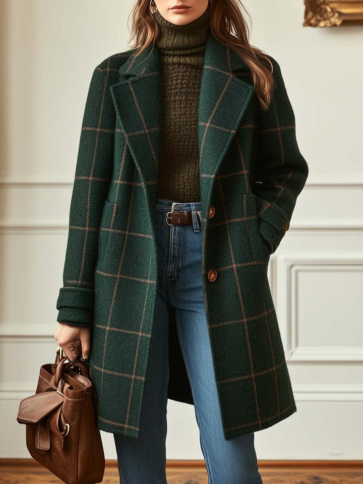 Women's dark green plaid long coat with notched lapels