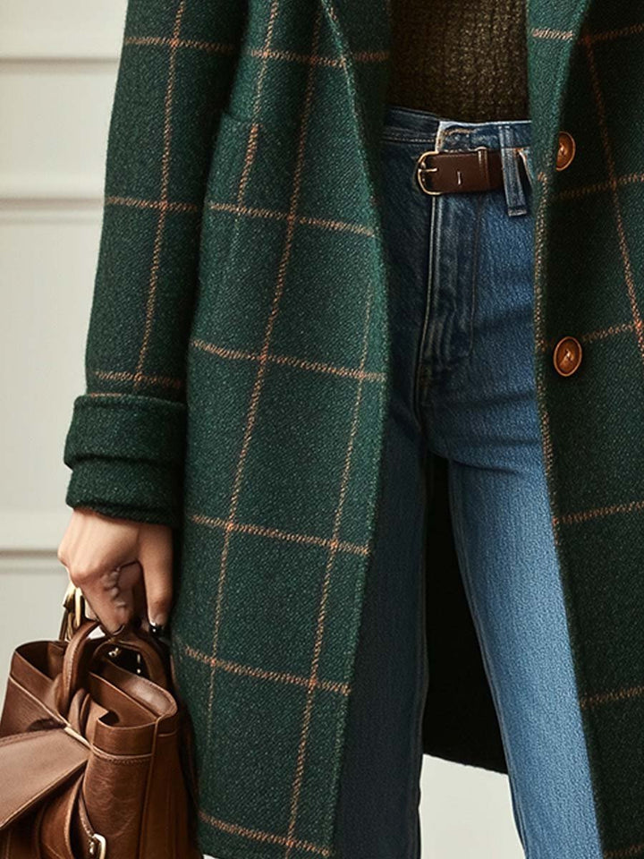 Women's dark green plaid long coat with notched lapels