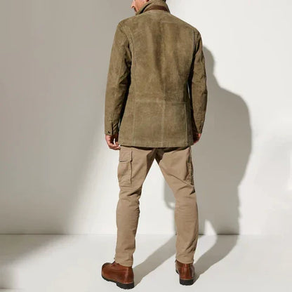 Men's button-up jacket with stand collar, long sleeves and front welt pockets