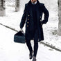 Men's navy long double-breasted coat with gold-tone buttons and broad lapels