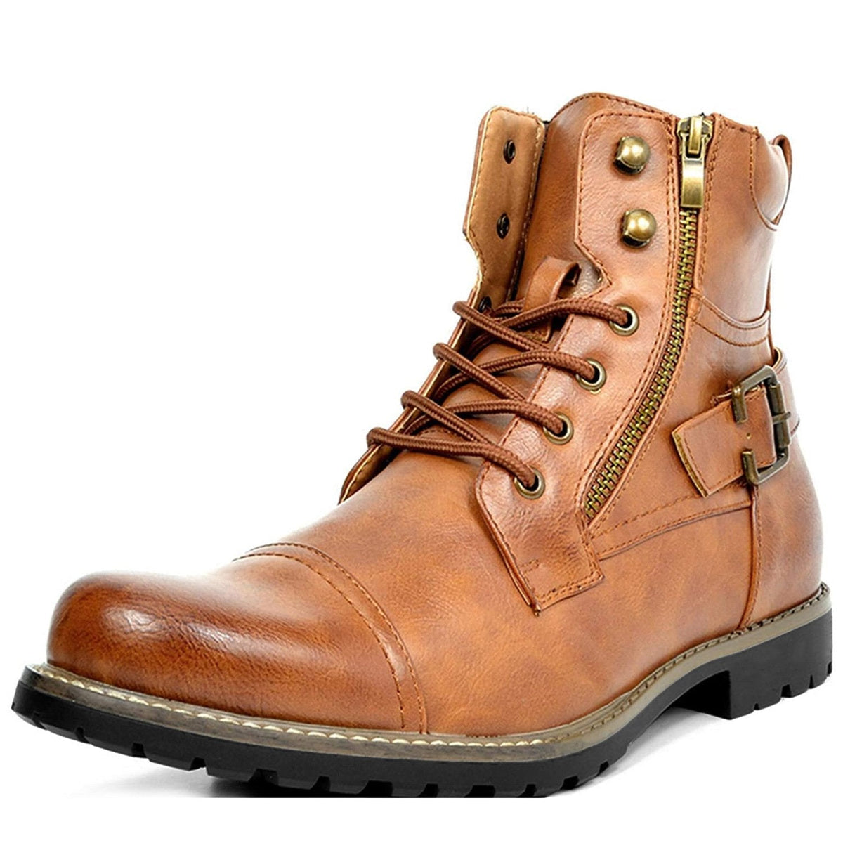 Men's biker ankle boot with laces, side zip and buckle strap