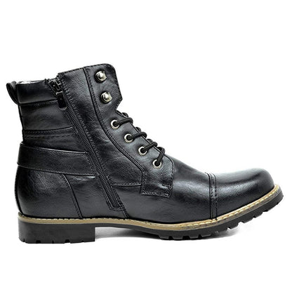 Men's biker ankle boot with laces, side zip and buckle strap