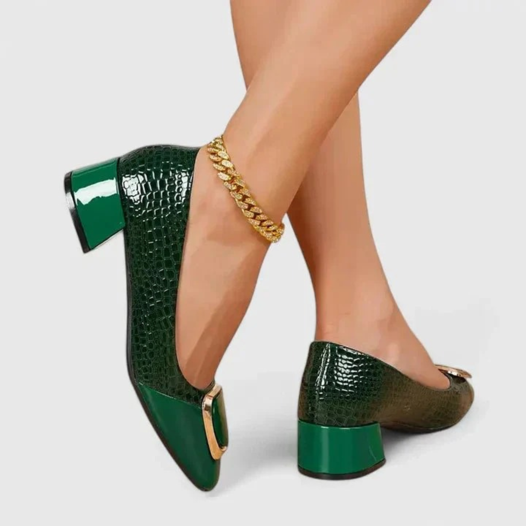 Women's pointed-toe embossed loafer pumps with block heels and decorative buckle details