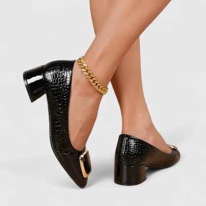 Women's pointed-toe embossed loafer pumps with block heels and decorative buckle details