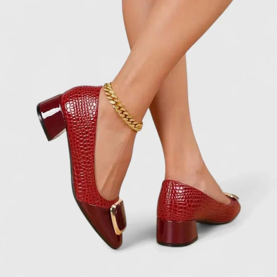 Women's pointed-toe embossed loafer pumps with block heels and decorative buckle details