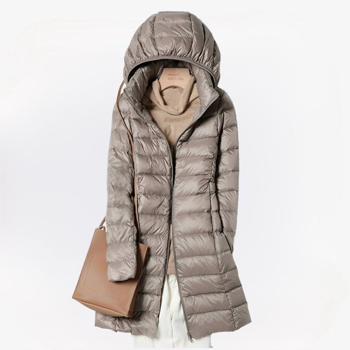 Women's hooded quilted longline puffer jacket with zip front