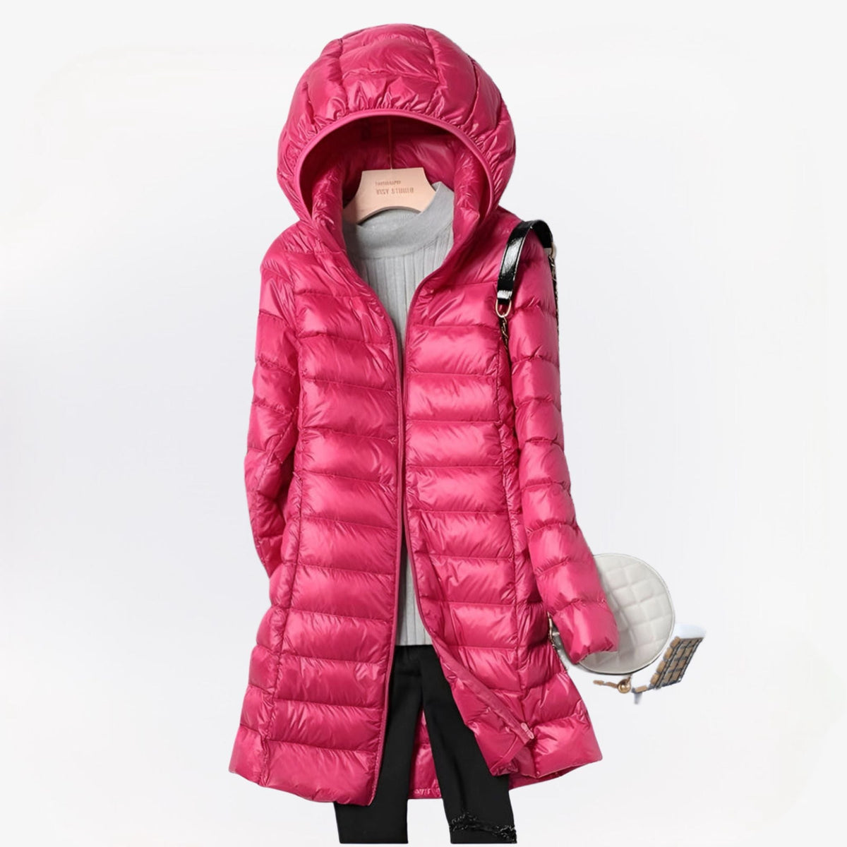 Women's hooded quilted longline puffer jacket with zip front
