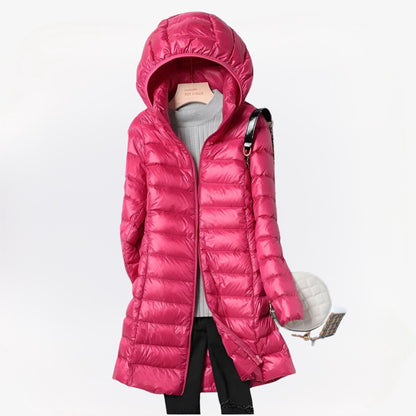 Women's hooded quilted longline puffer jacket with zip front